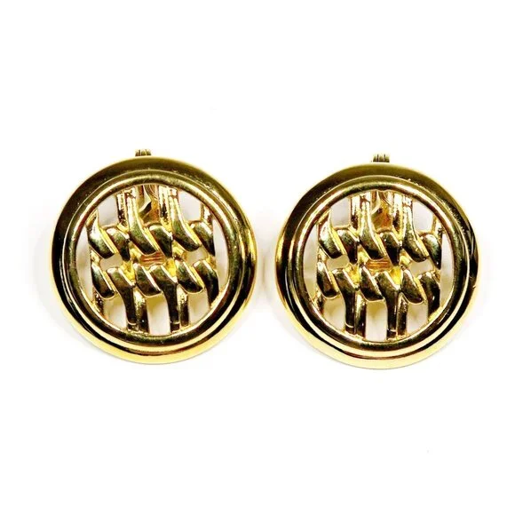 1980s Monet Clip-On Earrings Vintage Gold Tone Pierced Basket Weave 1" Round - Picture 2 of 4